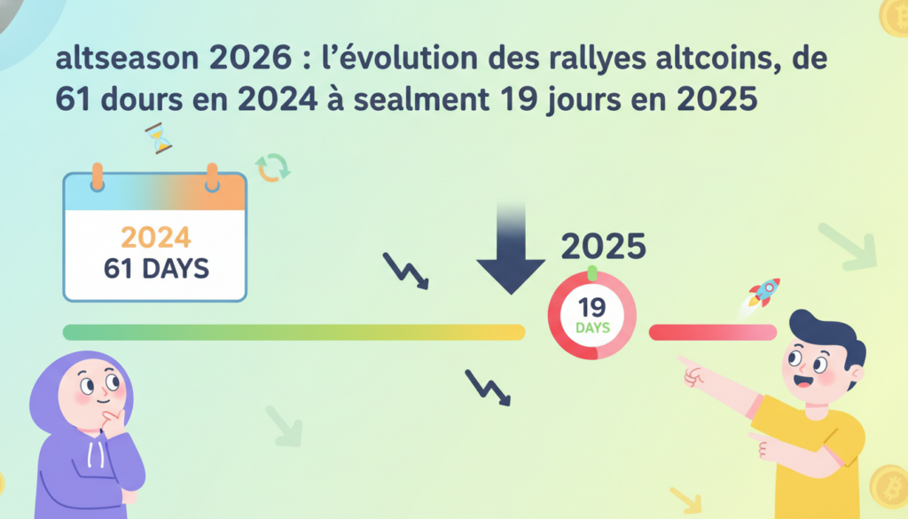 découvrez l'évolution des rallyes altcoins avec l'altseason 2026 : une contraction notable de la durée des rallyes, passant de 61 jours en 2024 à seulement 19 jours en 2025.