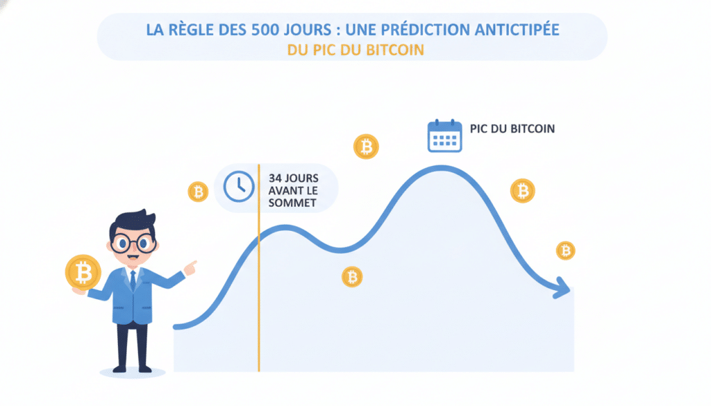 découvrez comment la règle des 500 jours permet de prédire le pic du bitcoin 34 jours avant son sommet, offrant une anticipation stratégique aux investisseurs.