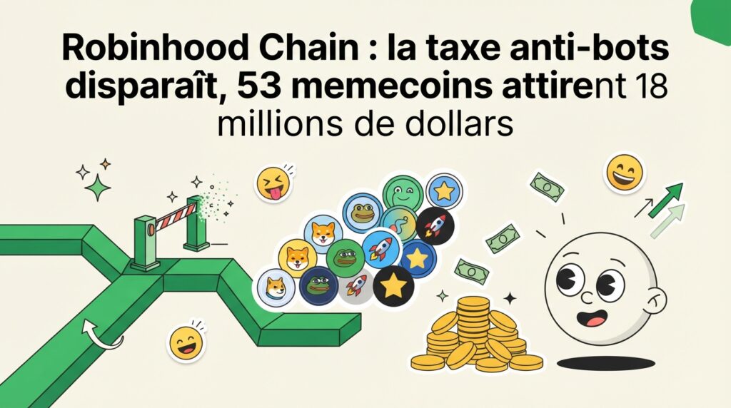 robinhood chain supprime sa taxe anti-bots : 53 memecoins attirent 18 millions de dollars, relançant l’activité et l’intérêt des investisseurs.
